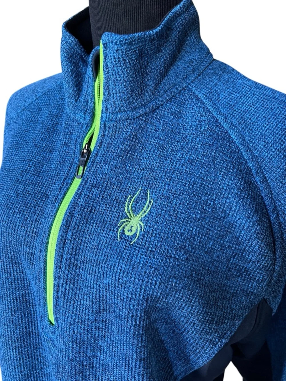 Spyder Quarter Zip Pullover Blue Textured Fleece Jacket Neon Zip Men’s L/G - Picture 3 of 10